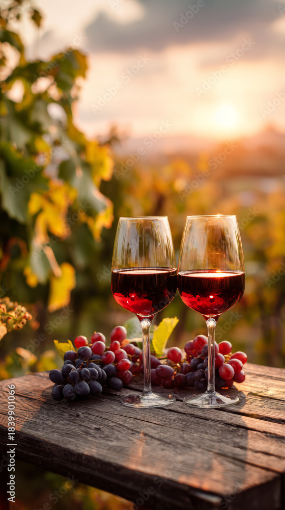 Naklejka premium Two glasses of red wine with fresh grapes on wooden table in vineyard during sunset warm light