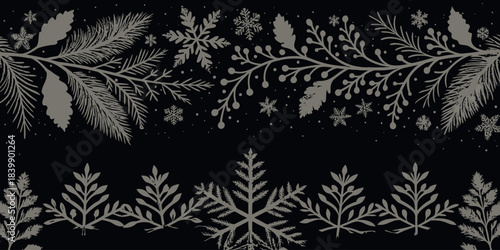 Christmas Sleek modern black and silver winter border with abstract snowflake motifs, ideal for contemporary holiday designs.