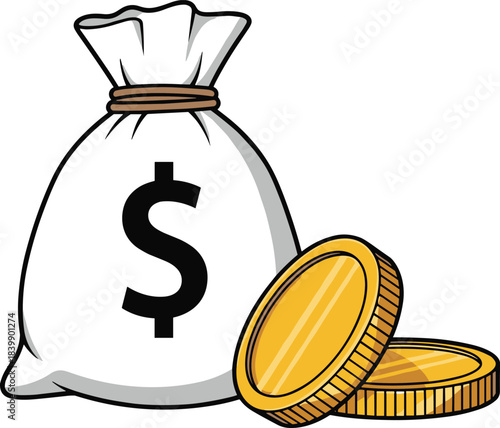White Money Bag With Black Dollar Sign And Two Gold Coins On White Background cash finance