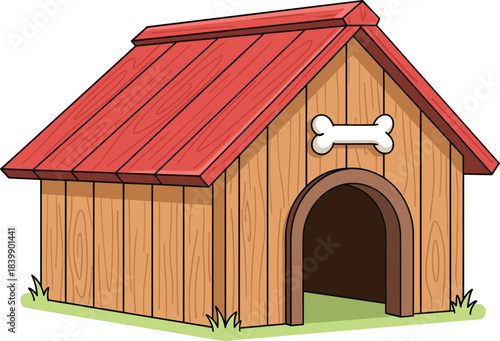 Wooden Dog House with Red Roof and Bone Decoration Keywords: dog house, kennel, pet shelter, wooden, wood, red roof, bone, entrance
