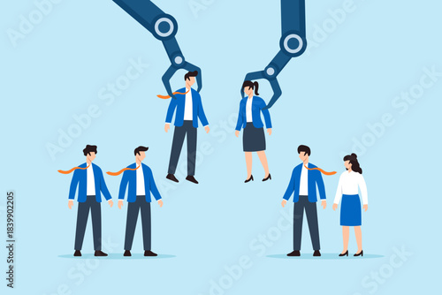 Flat illustration of robotic arms selecting candidates from group symbolizing recruitment automation and HR technology