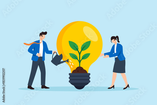 Flat illustration of businessman and businesswoman nurturing plant inside giant light bulb symbolizing sustainable innovation and ESG growth