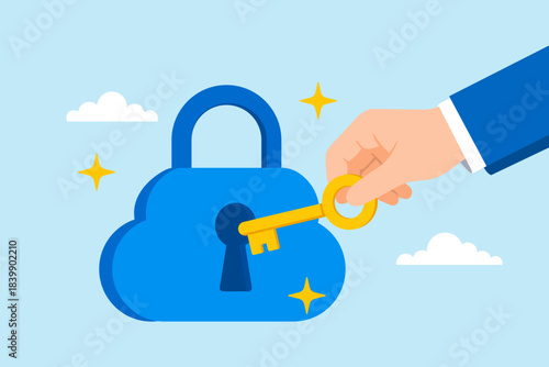 Flat illustration of hand using key to unlock cloud padlock symbolizing digital security and data protection