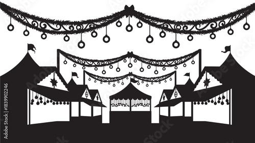 Black silhouette of a festive carnival or circus at night with decorative lights and banners