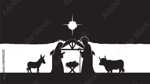 Black silhouette of mary joseph and baby jesus in manger with donkey and cow under starry night sky