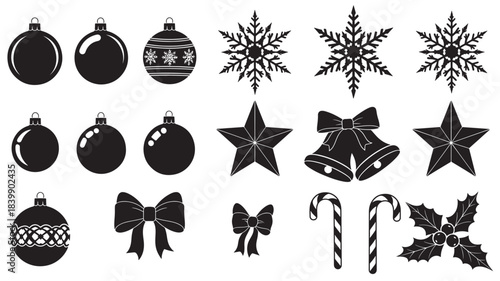 Black and white christmas icons including ornaments, snowflakes, stars, bows, candy canes, and holly on isolated