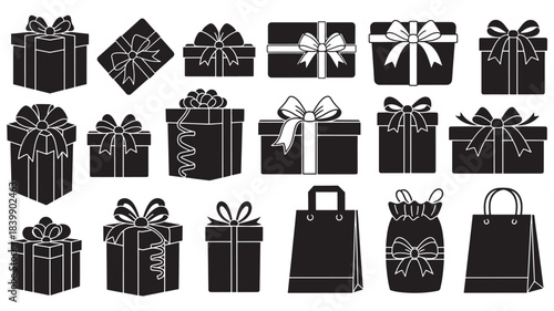 Collection of gift boxes and bags with bows on