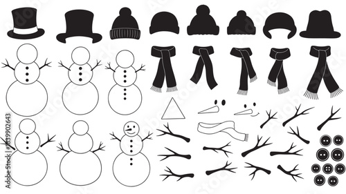 Black and white snowman accessories and parts on