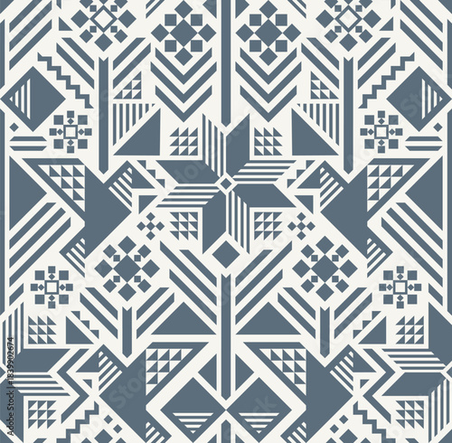 SEAMLESS WHITE VECTOR ABSTRACT GEOMETRIC BACKGROUND WITH LIGHT BLUE STYLIZED PATCHWORK BIRDS AND FLOWERS