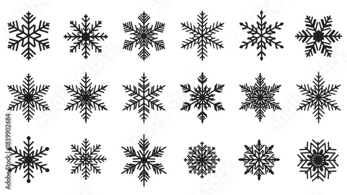 Collection of various black snowflakes for winter designs
