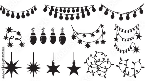 Black christmas decorations and lights on isolated