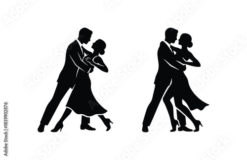 Dancing couple silhouette set romantic movement