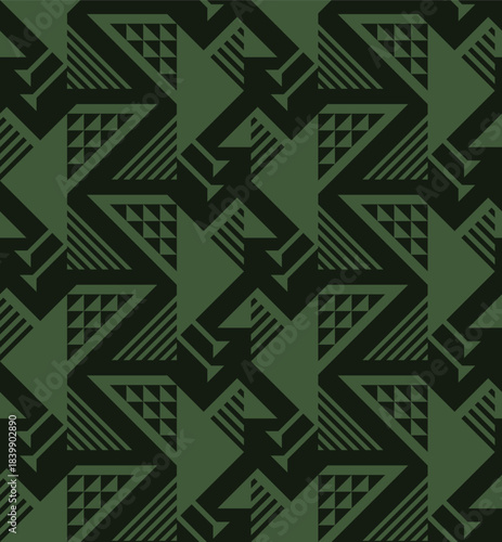 DARK GREEN SEAMLESS VECTOR ABSTRACT GEOMETRIC BACKGROUND WITH LIGHT GREEN STYLIZED BIRDS