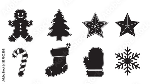 A collection of eight black and white Christmas-themed icons, including a gingerbread man, a Christmas tree, stars, a candy cane, a stocking, a mitten, and a snowflake.
