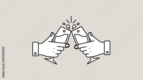 Hands toasting with champagne glasses minimalist line art celebration concept isolated on beige back