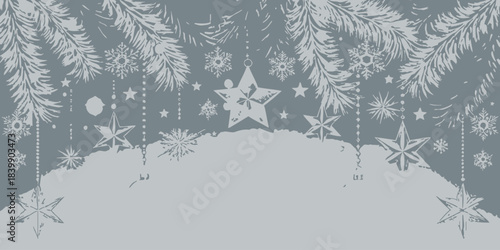 Christmas Frosty silver-toned Christmas vector background featuring intricate snowflake patterns and subtle shimmer for a glamorous holiday.