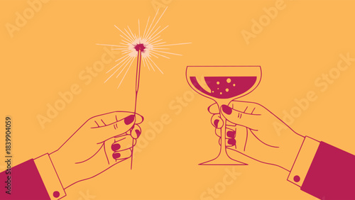 Two hands toasting with a lit sparkler and champagne coupe against orange background