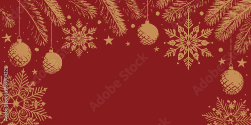 Christmas Bold Ruby Red Christmas Background with Shimmering Gold Foil Accents - Festive Holiday Vector