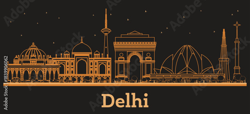 Outline Delhi India City Skyline with orange Buildings. Illustration. Business Travel and Tourism Concept with Modern Architecture. Delhi Cityscape with Landmarks.