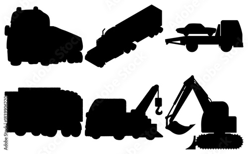 Diverse heavy machinery and vehicle silhouettes isolated on white background
