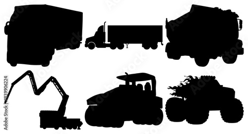 Collection of various truck and construction vehicle silhouettes on white