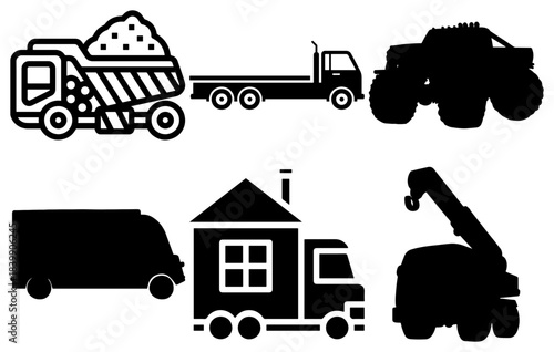 Collection of diverse truck silhouettes including dump, flatbed, and monster trucks