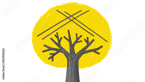 Stylized drawing of a grey tree with bare branches underneath a large yellow circle with intersecting grey lines representing a sun or stylized sky on a black background