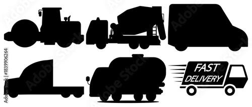 Collection of construction and delivery vehicle silhouettes on white background