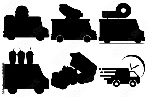 Food truck icons set: burgers, hot dogs, ice cream, fast delivery