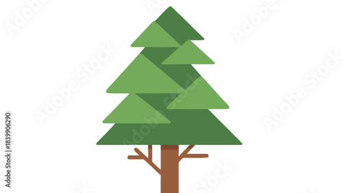 Stylized Evergreen Tree With Triangular Branches In Shades Of Green Set Against A Simple Black Background With A Brown Trunk And Subtle Branching Detail