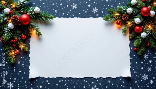 Festive Blank Card Surrounded by Christmas Decorations on a Dark Background with Snowflakes and Ornaments