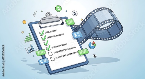 Checklist on Clipboard with Film Strip and Business Icons.