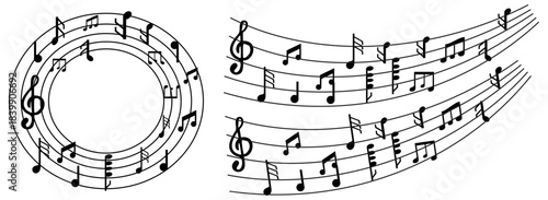 Black musical notes on a curving staff creating a dynamic wave pattern against a white background