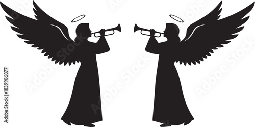 angels playing trumpets with wings spread silhouette vector flat illustration design