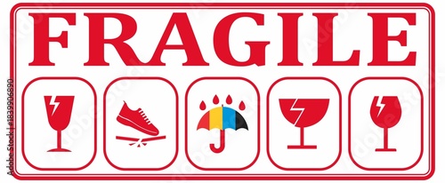 Fragile. Handle with care. Keep away from water. This side up. Packaging symbols. Vector icon set