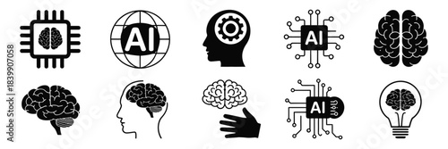 Artificial Intelligence Icon Set with Brain, Robot Head, Machine Learning and Technology Symbols – Vector Illustration Collection