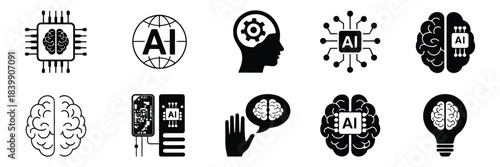 Artificial Intelligence Icon Set with Brain, Robot Head, Machine Learning and Technology Symbols – Vector Illustration Collection