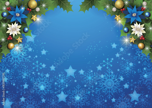 クリスマス背景、雪の結晶と星、青、キラキラ、かわいい、イラスト、横