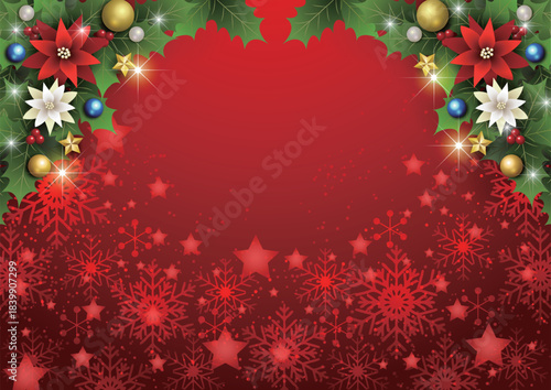 クリスマス背景、雪の結晶と星、赤、キラキラ、かわいい、イラスト、横