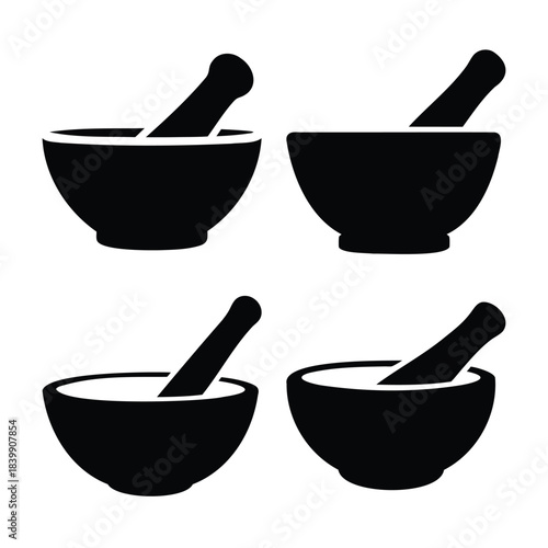 Mortar and pestle icons set for grinding and crushing