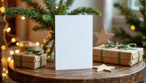 Blank Greeting Card on Wooden Table Surrounded by Christmas Gifts and Pine Branches with Warm Holiday Lights