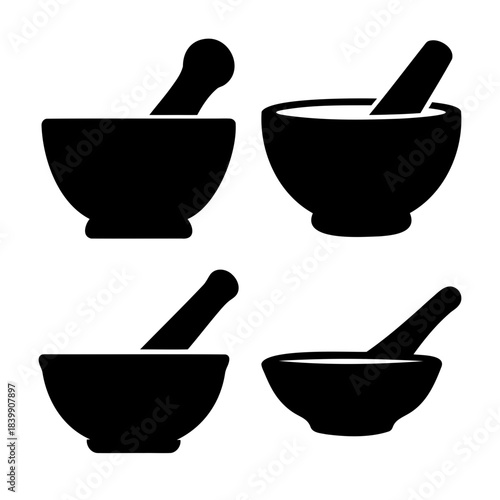 Mortar and pestle icon set for pharmacy, herbs, medicine