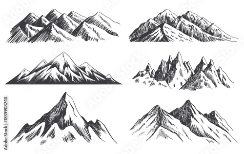 Big Set of Mountain Peaks in Vintage Hand-Drawn Engraved Sketch Style Featuring Multiple Variations for Hiking, Climbing, Outdoor Adventure and Nature Illustration Projects