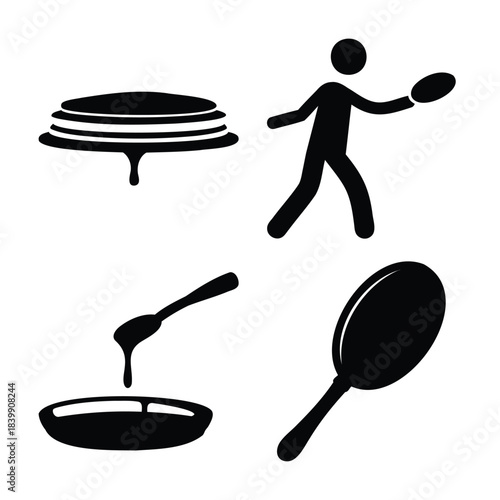 Pancakes, chef, spoon, frying pan: kitchen and cooking symbol set.