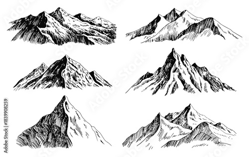Big Set of Mountain Peaks in Vintage Hand-Drawn Engraved Sketch Style Featuring Multiple Variations for Hiking, Climbing, Outdoor Adventure and Nature Illustration Projects