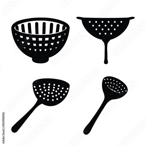 Kitchen strainers and colanders cooking utensils set icons