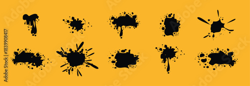 Spray graffiti brush strokes and black paint splatter collection with ink blotches, stencil design elements, curved lines, grunge texture, isolated vector shapes. Paint of drips, vector illustration.