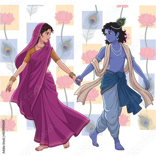 Radha and Krishna holding hands with background peacock feathers and lotus flowers pattern.