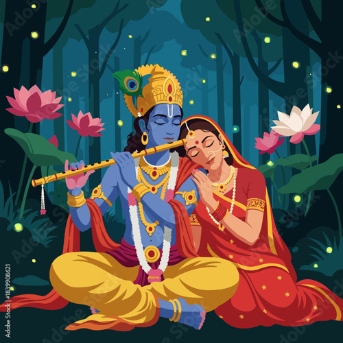Radha and Krishna vector illustration, seated in a lush forest with night atmosphere