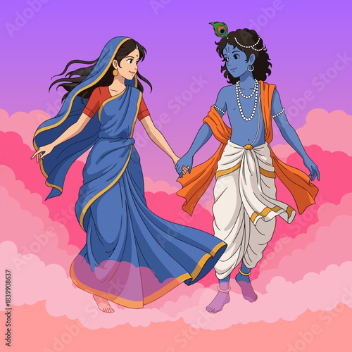 Radha and Krishna vector illustration, holding hands against a pink and purple gradient cloud background